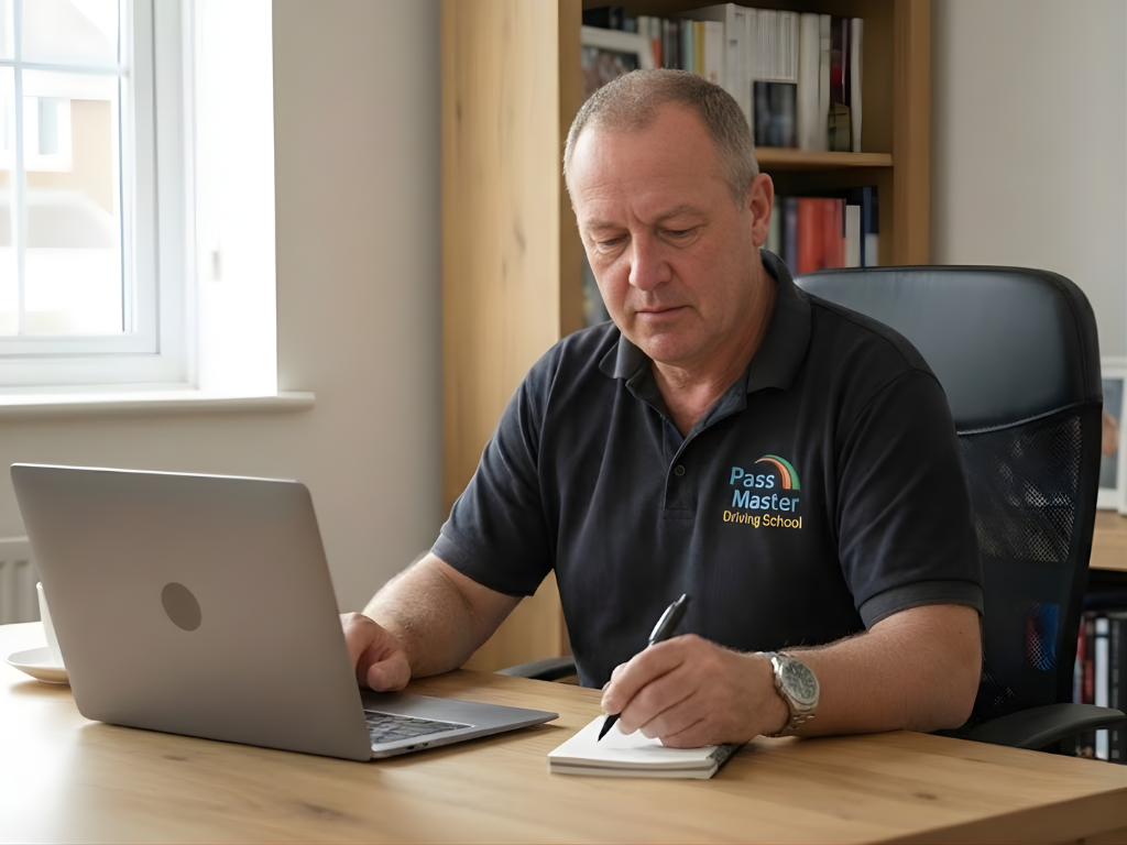 driving instructor taking notes