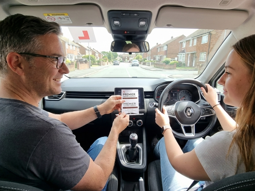 driving instructor handing his business card to a student