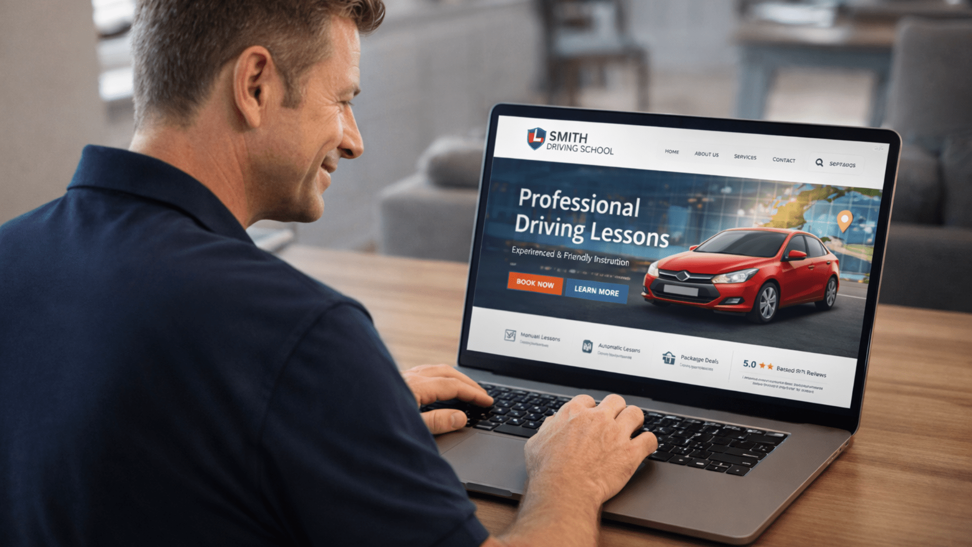 driving instructor looking at his website