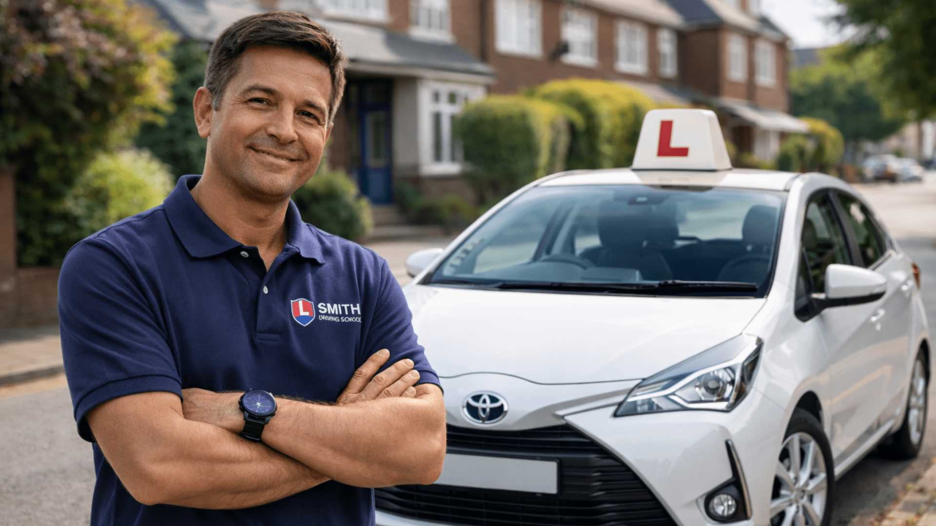 driving instructor standing in front of his learner car