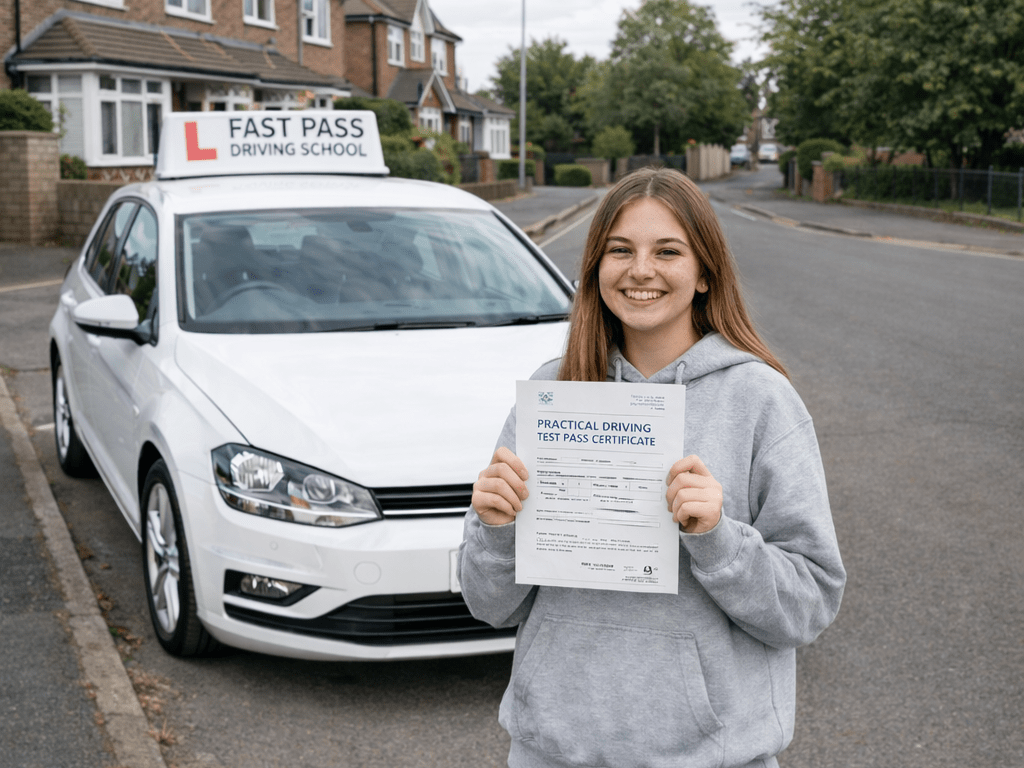 learner holding up test pass certificate in front of learner car