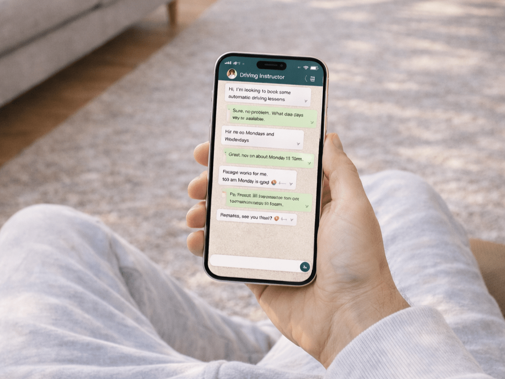 driving instructor talking on whatsapp to student enquiry