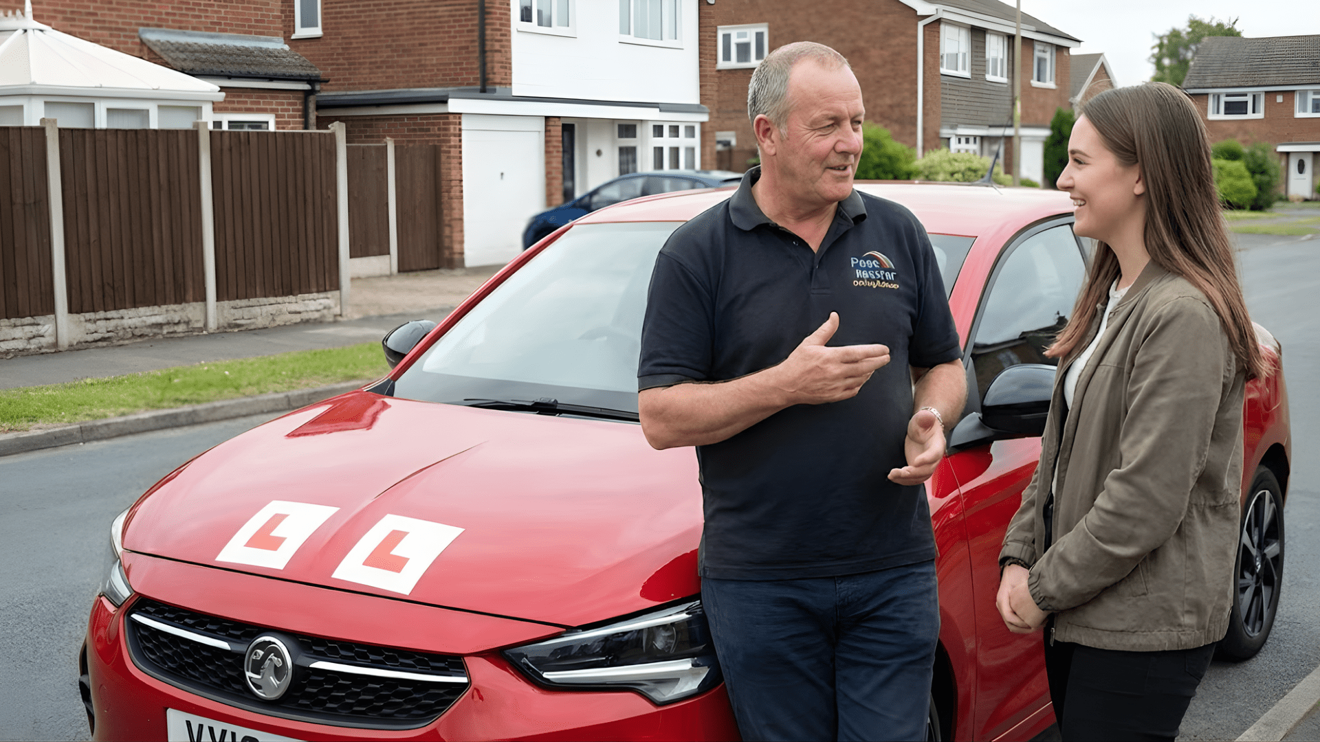 driving instructor talking with student in front of learner car