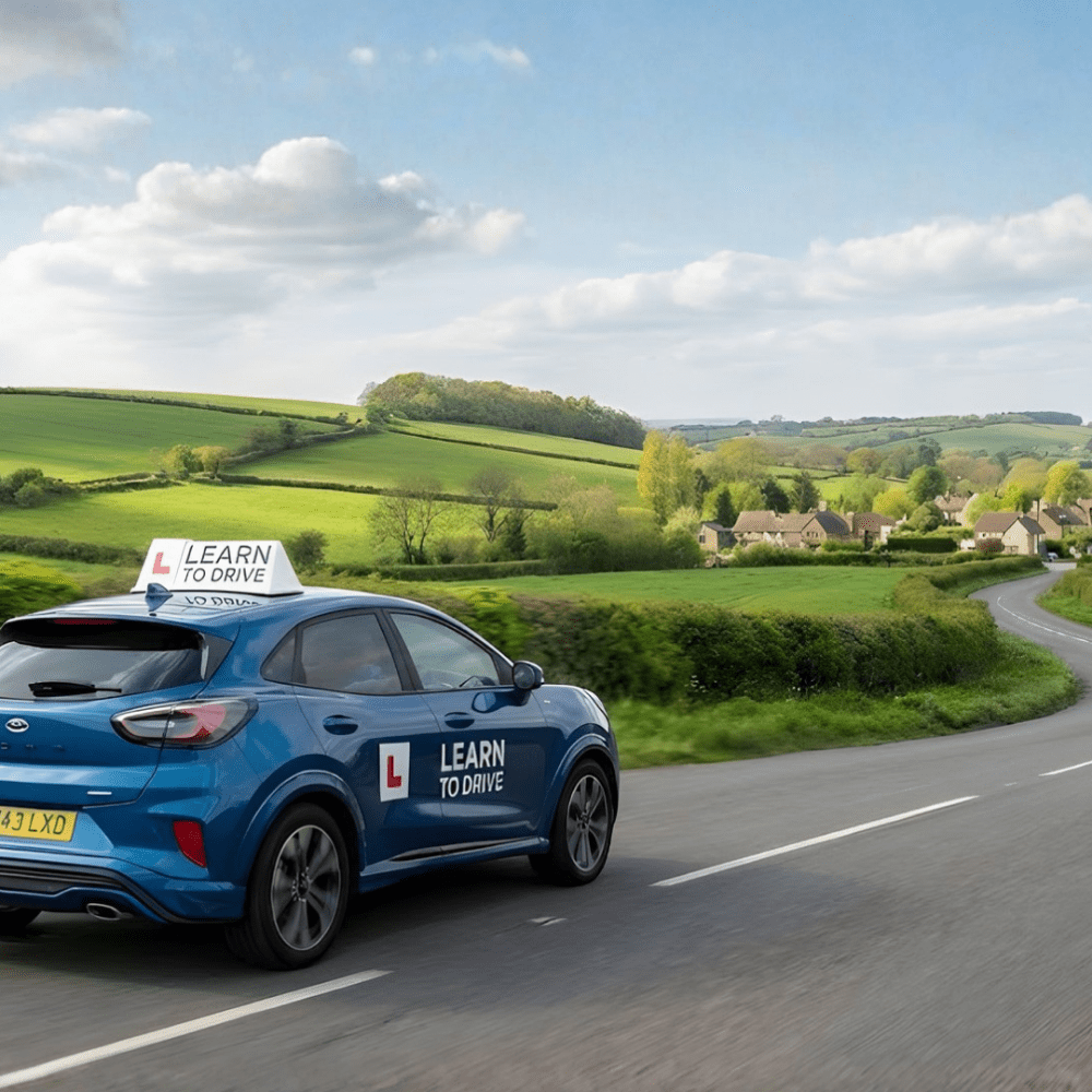 learner car driving down the road hero image mobile