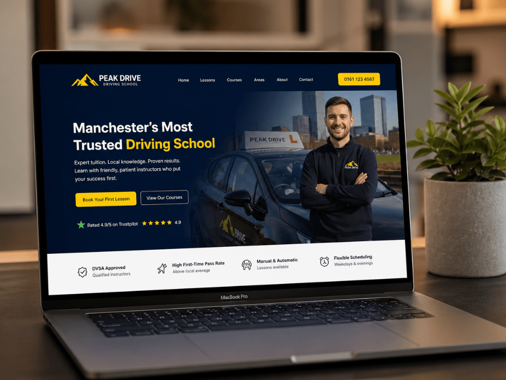 MacBook Pro on a modern desk displaying a professional driving school website for Peak Drive Manchester