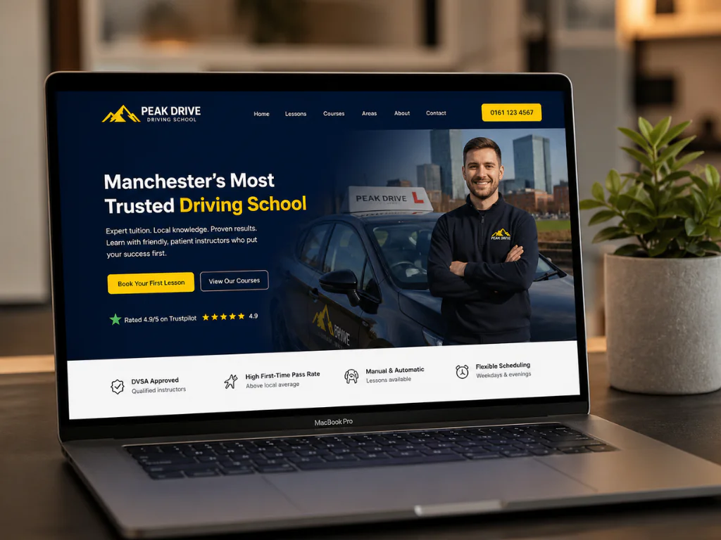MacBook Pro on a modern desk displaying a professional driving school website for Peak Drive Manchester