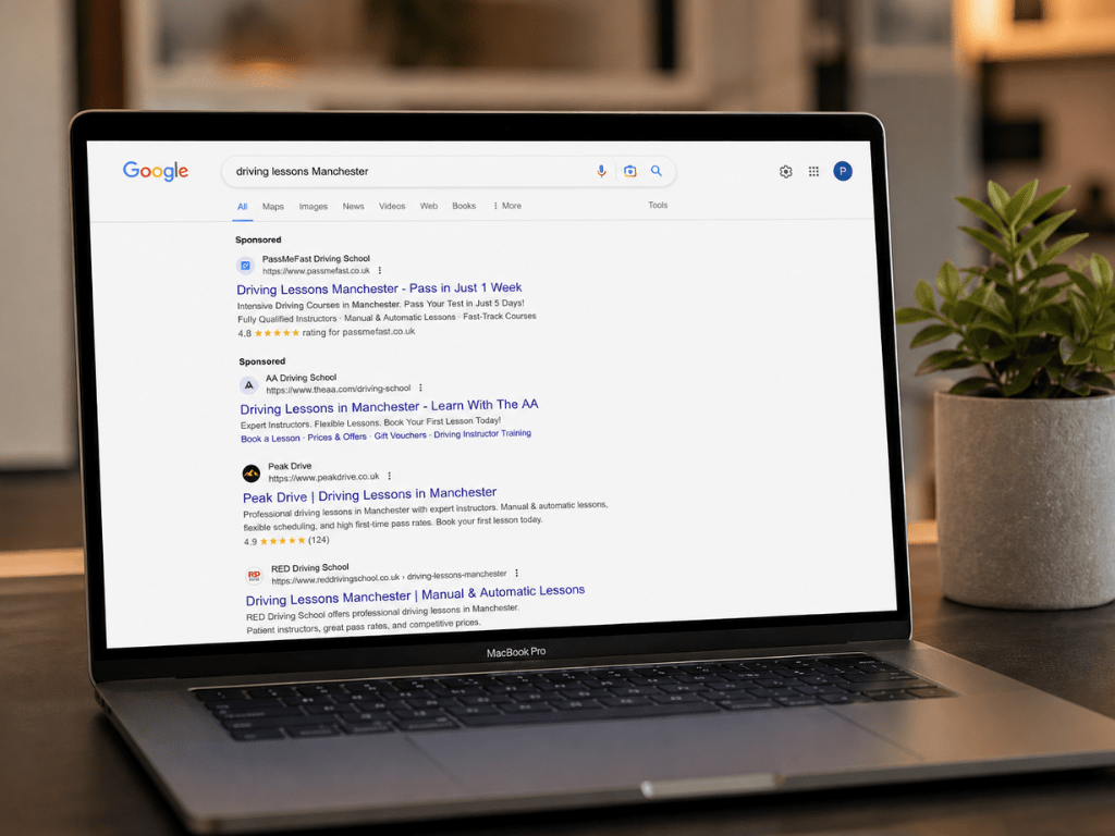 MacBook Pro on a modern desk showing Peak Drive Manchester ranking first on Google search results for driving lessons