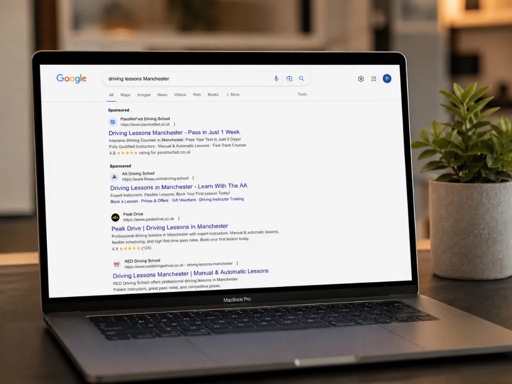 MacBook Pro on a modern desk showing Peak Drive Manchester ranking first on Google search results for driving lessons