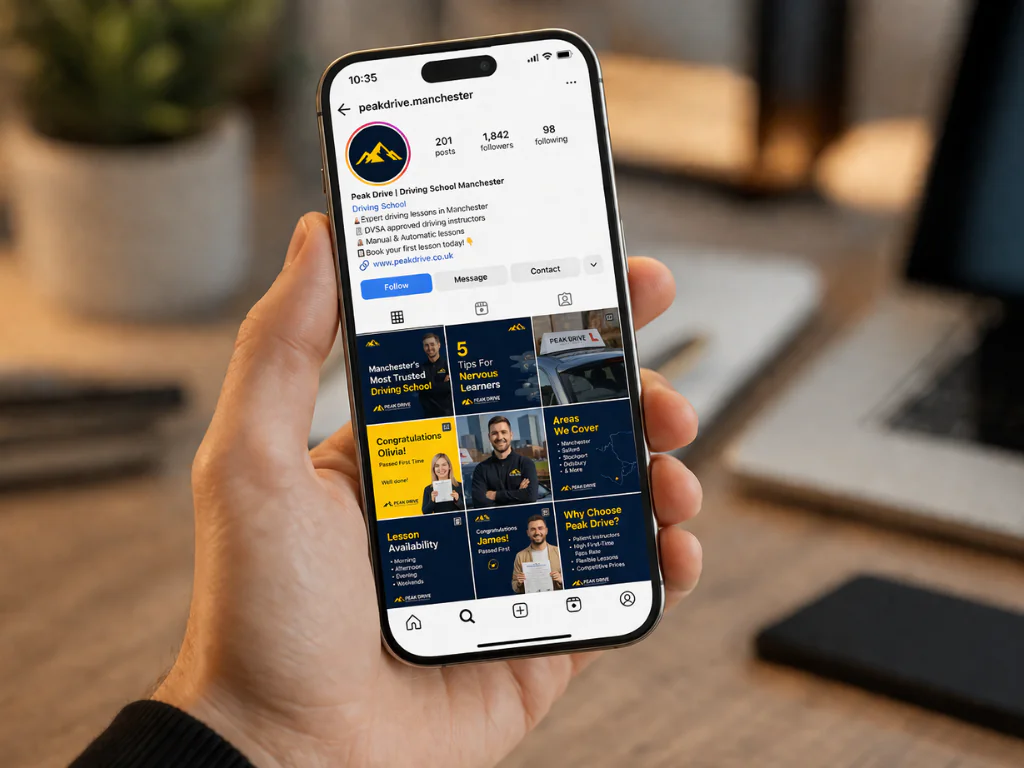 Hand holding an iPhone displaying the Peak Drive Manchester Instagram profile with a grid of professional driving school content
