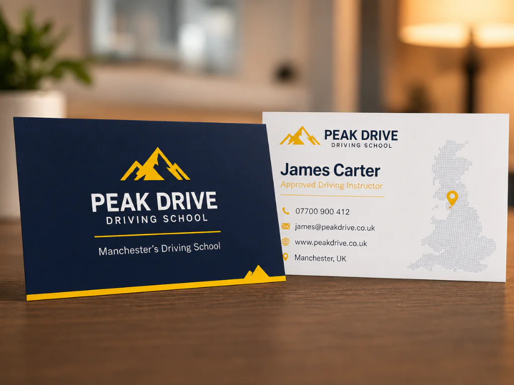 Front and back of a premium matte business card for Peak Drive Manchester driving school on a modern desk