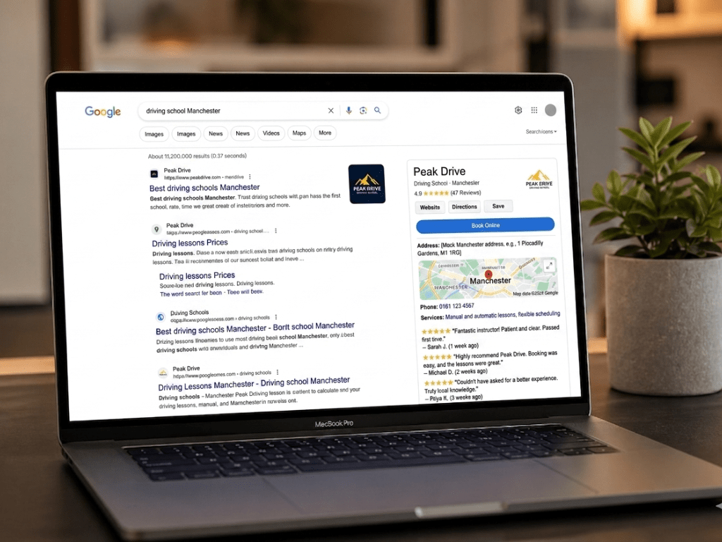 MacBook Pro on a modern desk displaying the Peak Drive Manchester Google Business Profile with 4.9 star reviews