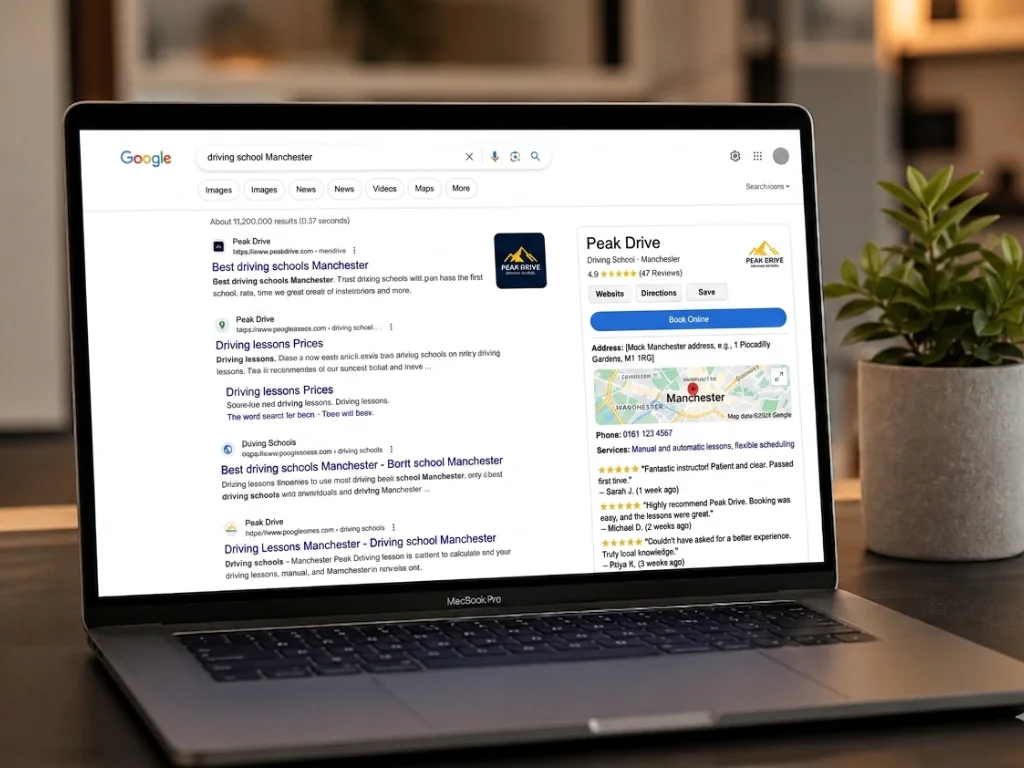 MacBook Pro on a modern desk displaying the Peak Drive Manchester Google Business Profile with 4.9 star reviews