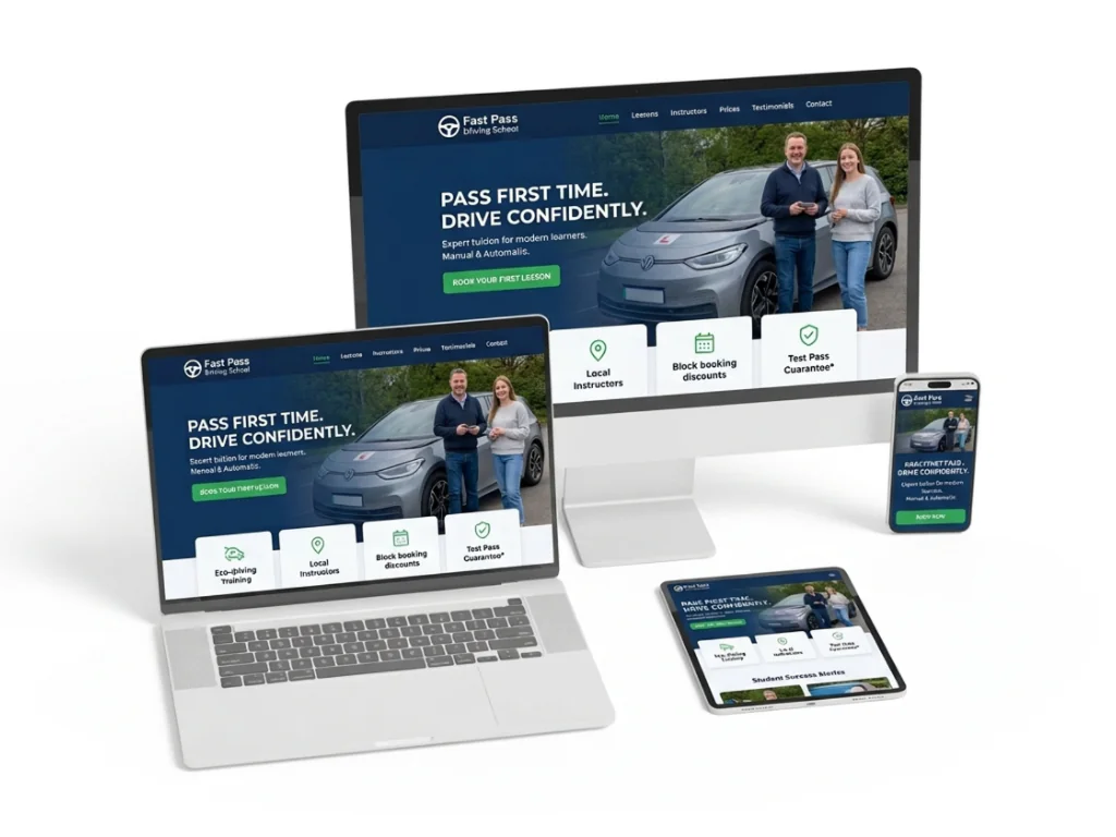 Responsive Fast Pass Driving School website displayed on desktop, laptop, tablet and mobile devices.