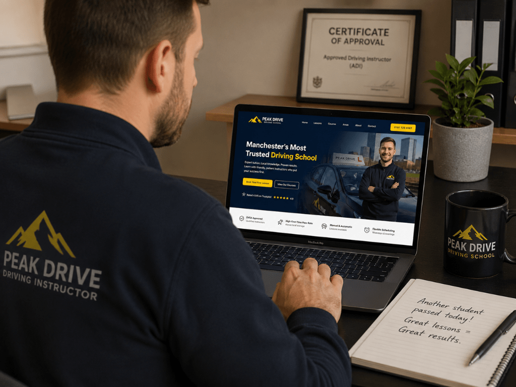driving instructor looking at his own website on laptop