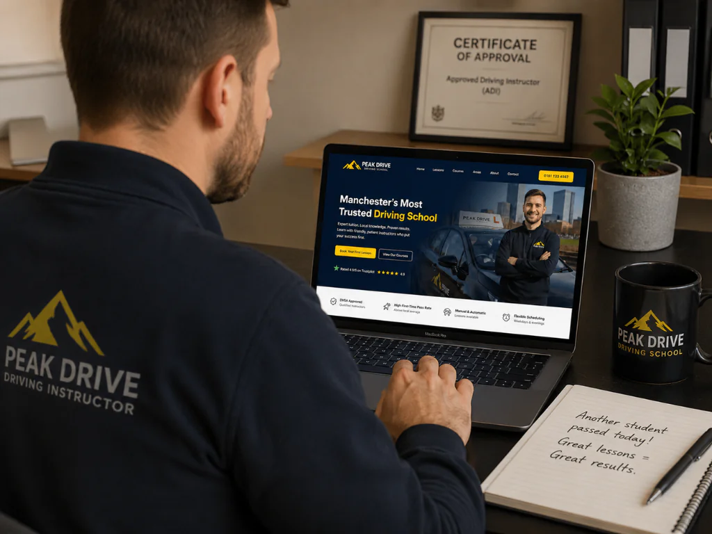 driving instructor looking at his own website on laptop