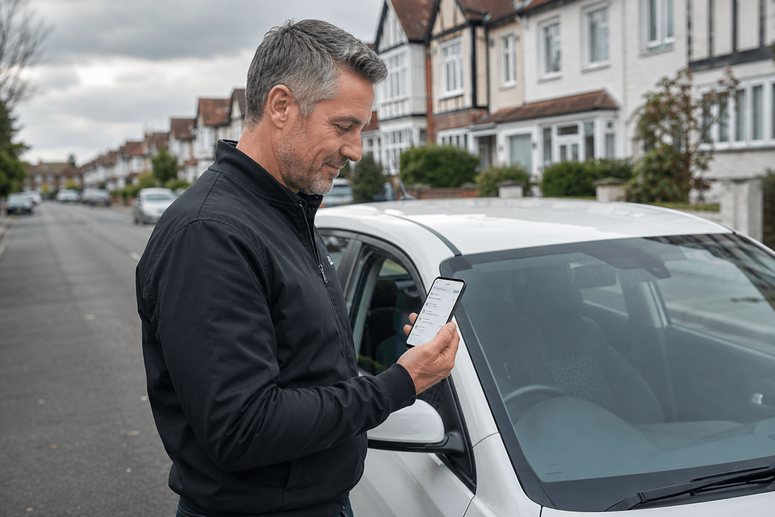 A driving instructor standing beside their car checking their Google Business Profile on a smartphone, representing the importance of online presence for ADIs following the DVSA's 2026 test booking rule changes