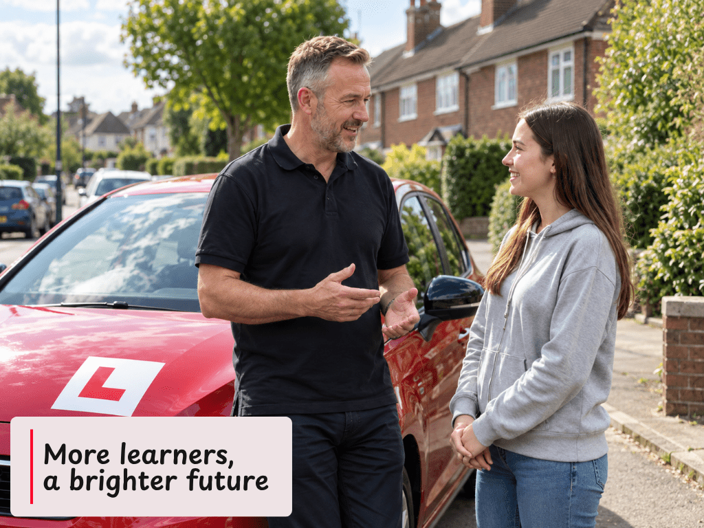 driving instructor talking to student in front of learner car