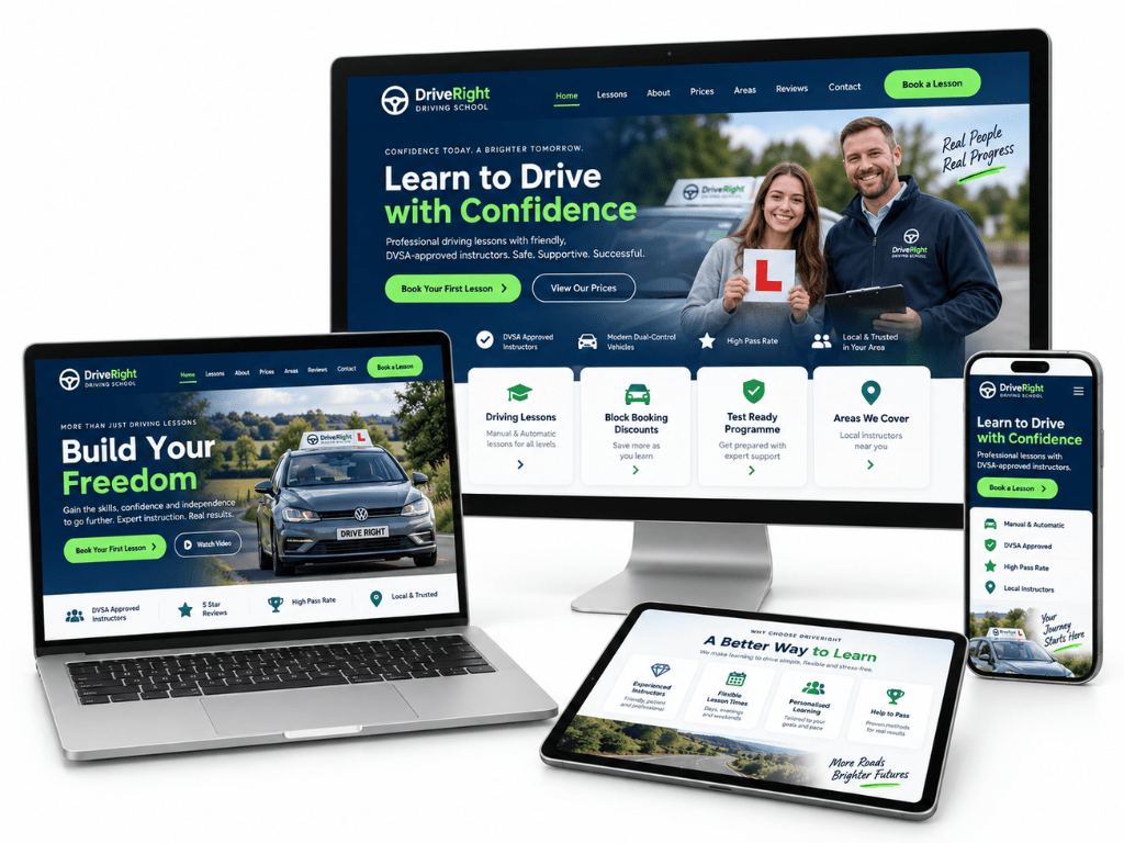 driving instructor website examples being shown across various devices
