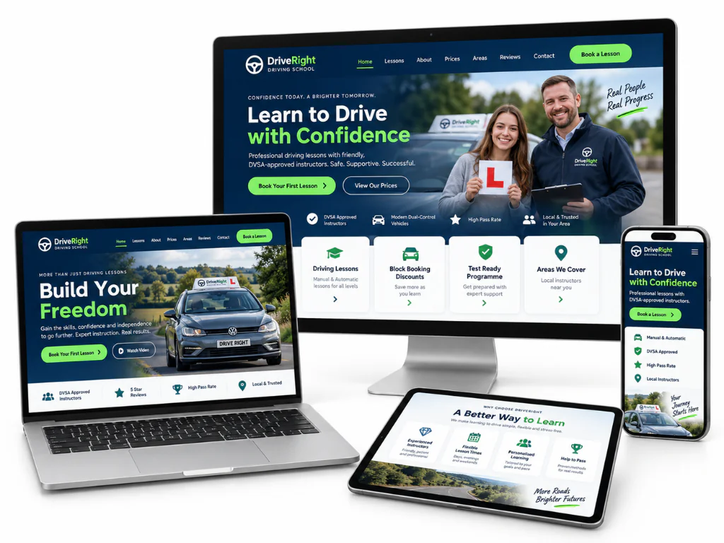 driving instructor website examples being shown across various devices